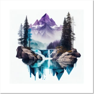 Majestic Purple Mountains with Blue Lake Waterfall Posters and Art